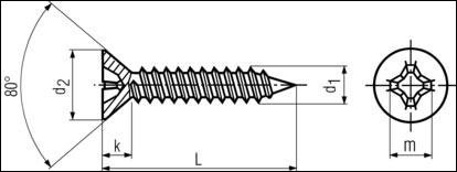 DIN 7982 B - Cross Rec. Flat hd Tapping Screws, hd Angle 80